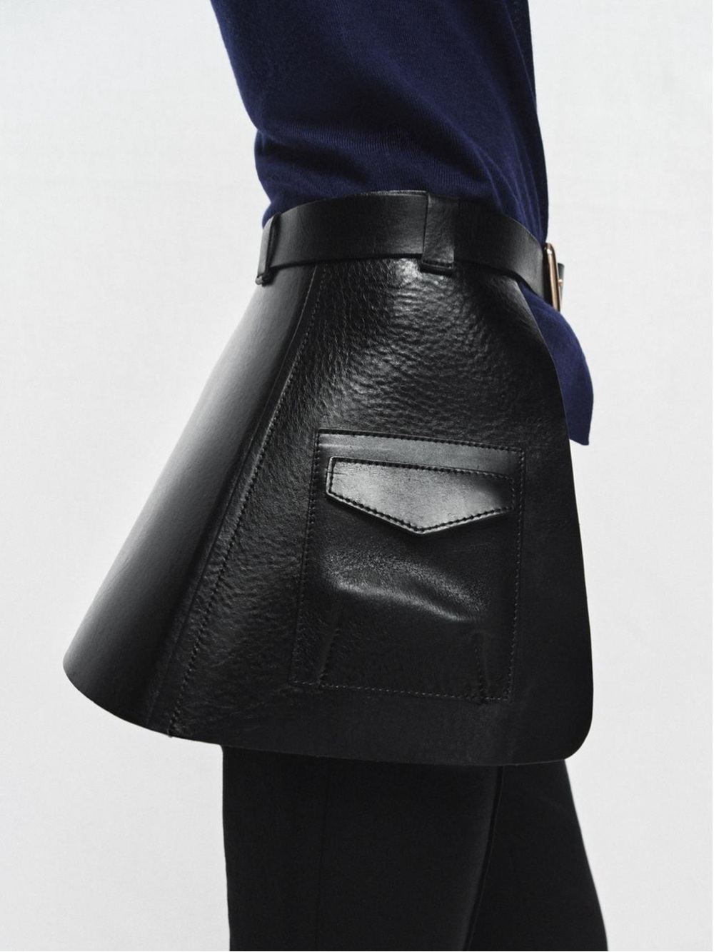 ZARA 100% Black Leather Skirt Belt with Side Pockets